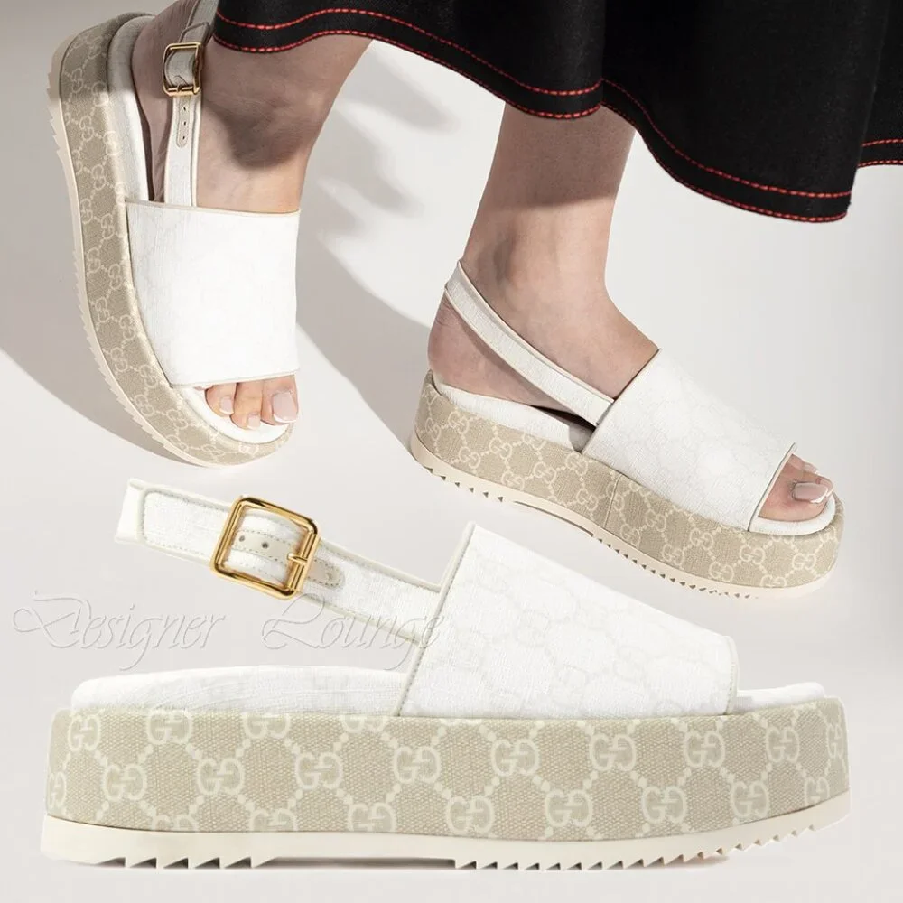 NEW GUCCI Angelina GG White Supreme Canvas Slingback Platform Sandals EU 40.5